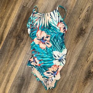 Kona Sol Teal Tropical Floral One-Piece Swimsuit
